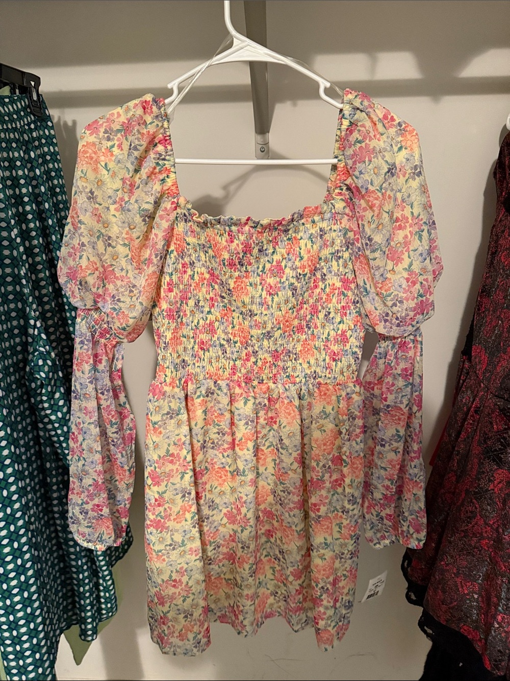 Crystal Doll Floral Puff-Sleeve Mini Dress in Pastel Pink, Yellow & Blue